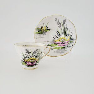 Rosina Water Lily Teacup & Saucer July Flower of the Month, Pink Black & Yellow